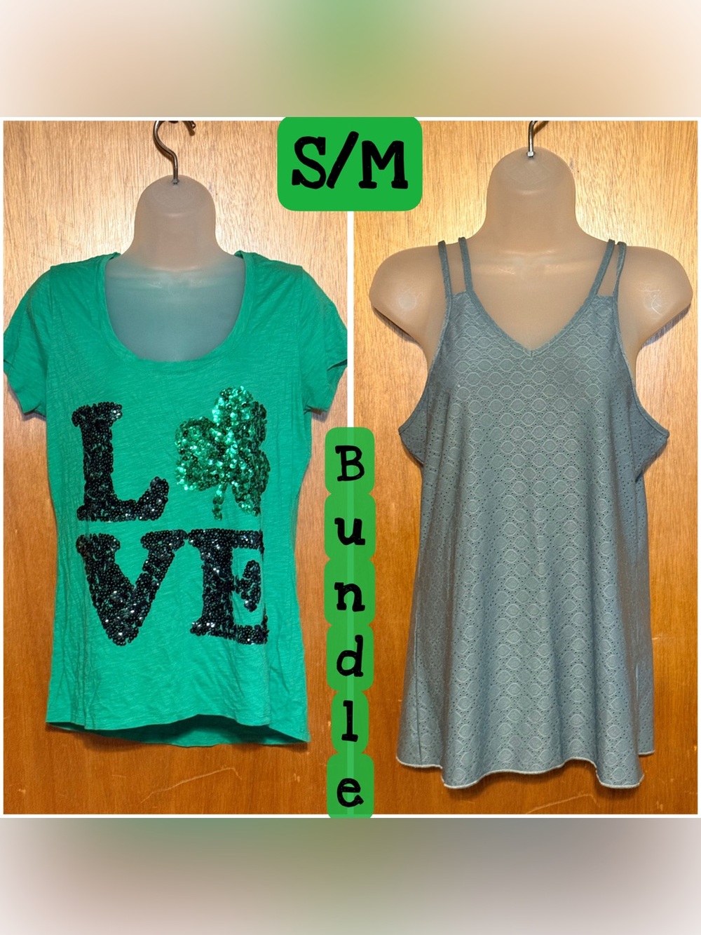 Express Green Sequin LOVE Tee M & Green/Gray Lace Tank S Green Top Bundle